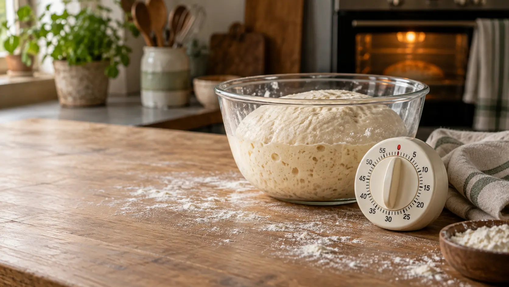 Keukentimer naast luchtig gerezen brooddeeg met een voorverwarmde oven op de achtergrond