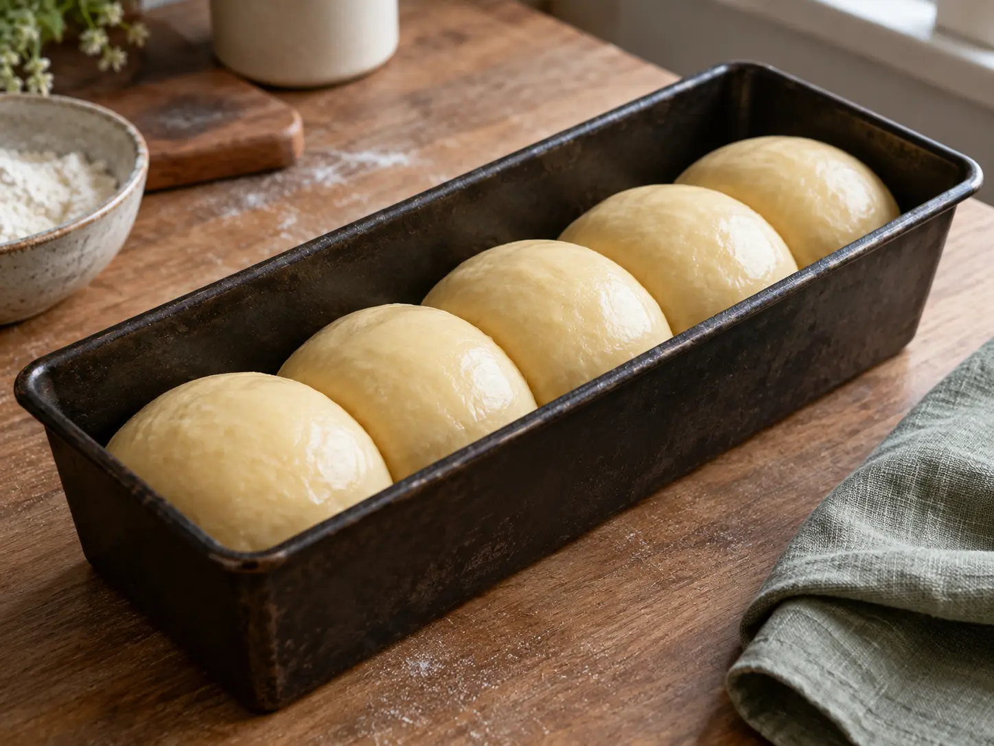 Gelijke gladde porties briochedeeg rijzen naast elkaar in een broodvorm