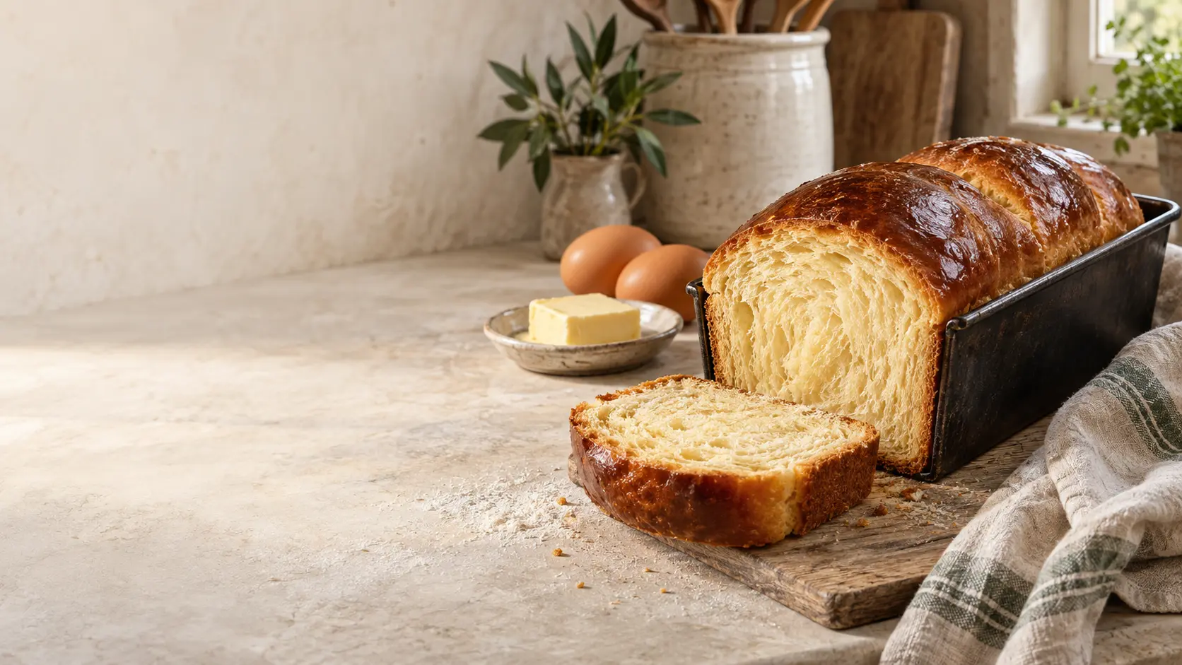 Glanzende brioche met een fijne, draderige kruim naast boter en eieren