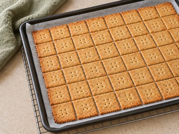 Golden square crackers with docking holes on the same baking sheet