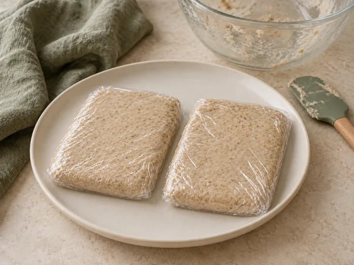 Two flat rectangles of cracker dough wrapped ready for chilling