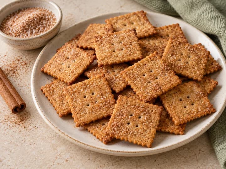 Thin cinnamon crackers with fine sugar crystals on a plate beside cinnamon sugar