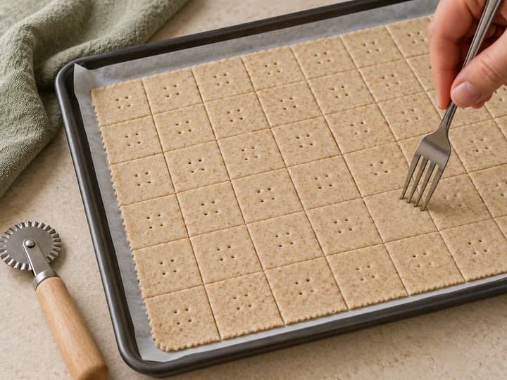 Thin raw dough squares being pricked with a fork on the baking sheet