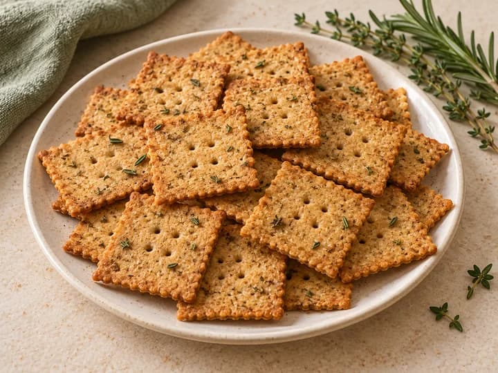 Thin golden sourdough crackers flecked with green herbs, beside rosemary and thyme