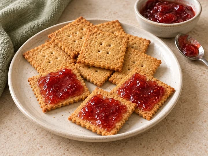 Plain sourdough crackers topped with a thin layer of red strawberry jam