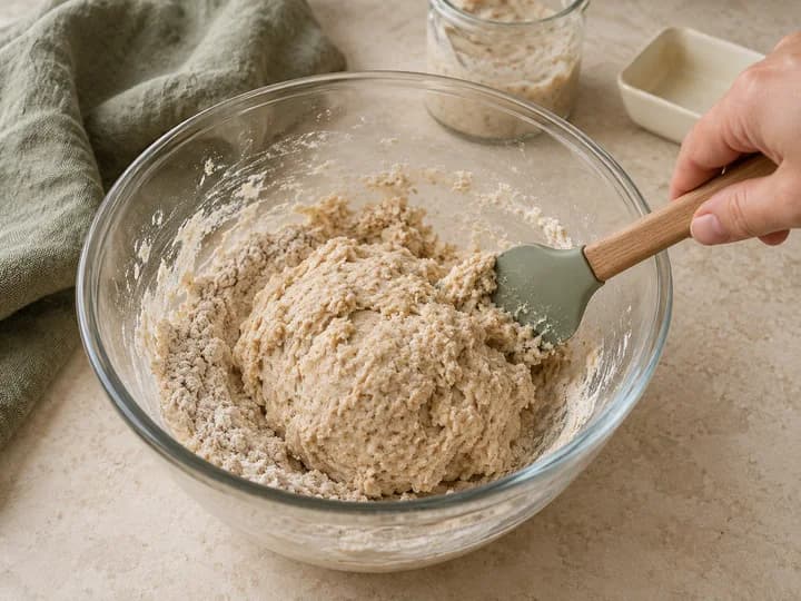 Discard, whole wheat flour and butter being mixed into firm cracker dough with a spatula