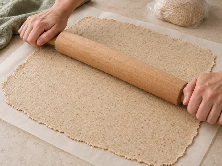 A portion of speckled cracker dough rolled thinly on parchment