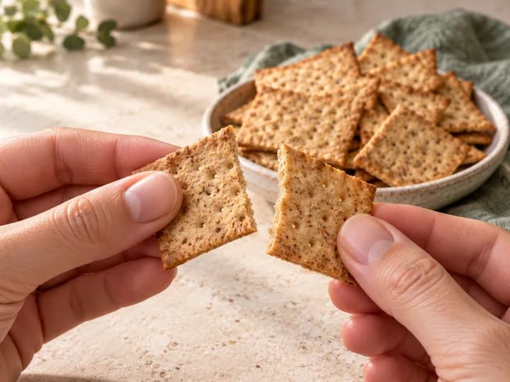 Hands break a thin cooled cracker to show its dry crisp edge
