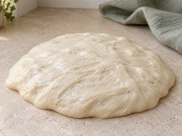 Wet glossy wheat dough spreading low and wide over the worktop