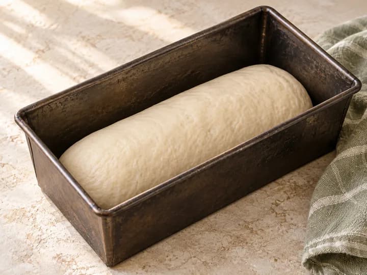 Een gevormd rauw deegstuk laag in een broodblik, met ruimte om te rijzen