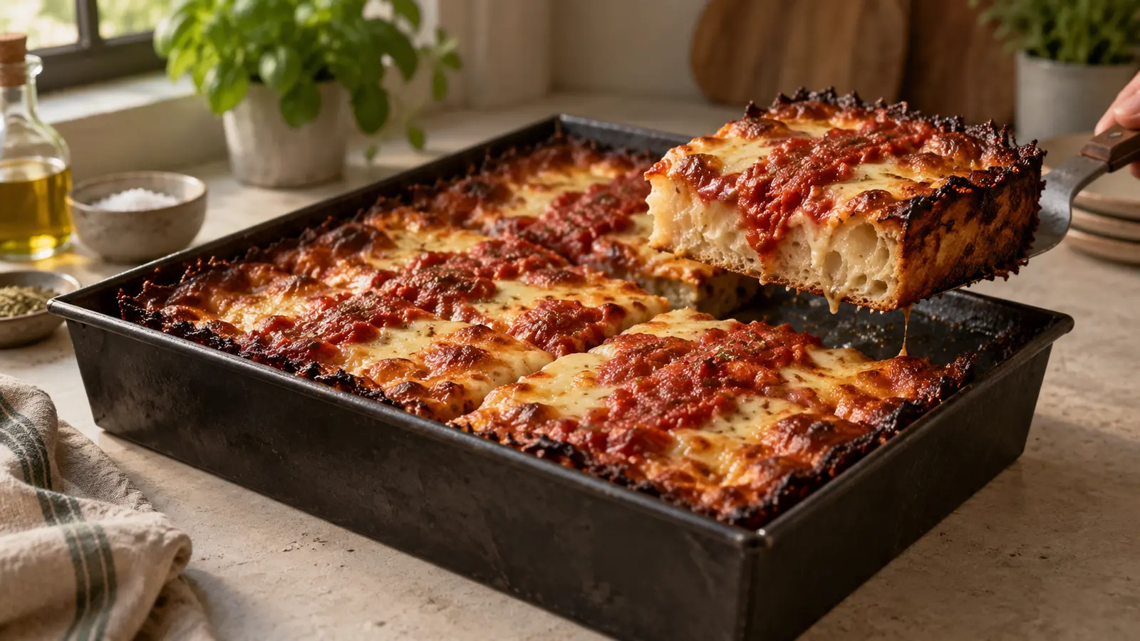 Gebakken Detroit-pizza met een krokante gekaramelliseerde kaasrand in een rechthoekige vorm