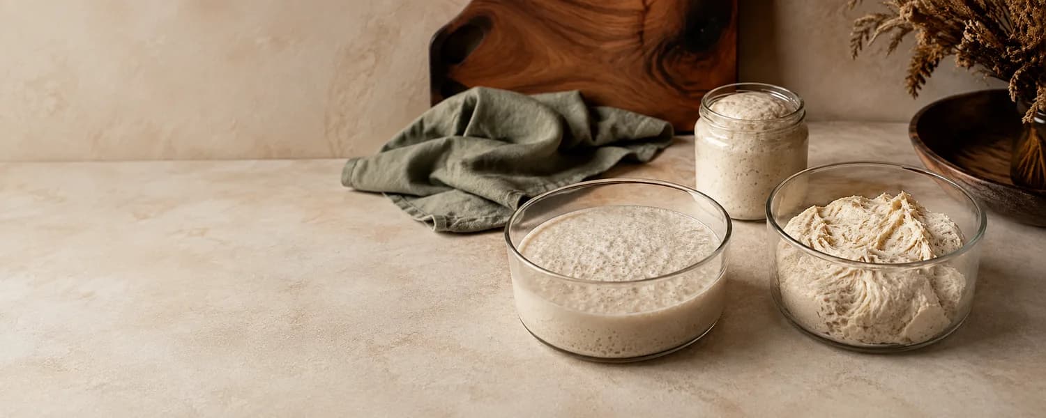 Vloeibare poolish, stevige biga en actieve levain naast elkaar
