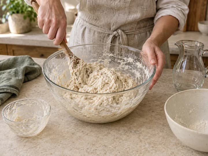 Flour, water and starter being mixed into a shaggy dough in a glass bowl