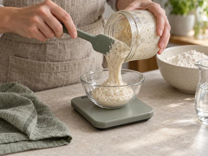 Starter being scraped from a jar into a small bowl on a scale
