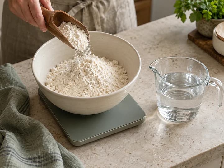 Flour being weighed in a bowl with a jug of water beside it