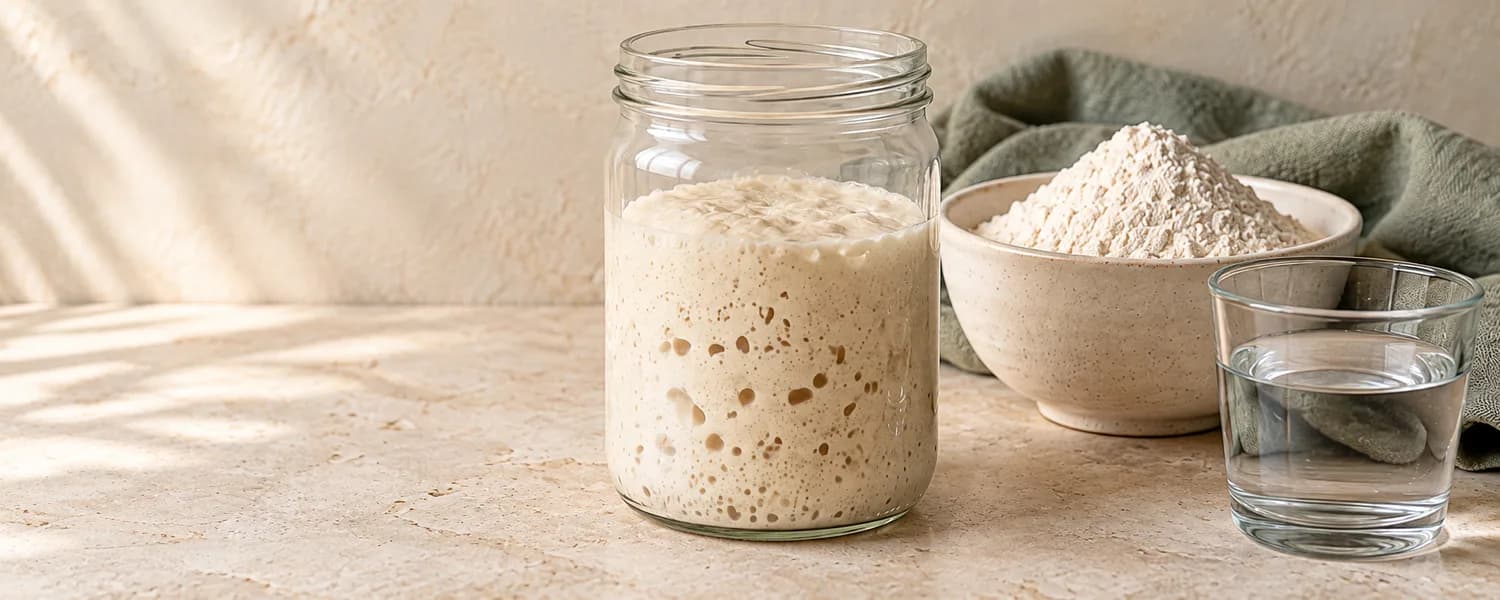 Active levain in a glass jar beside flour and water