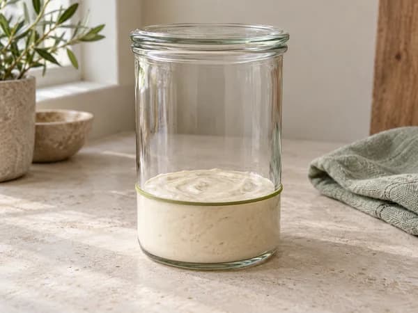 Freshly fed starter low in a jar with a green rubber band at its starting level