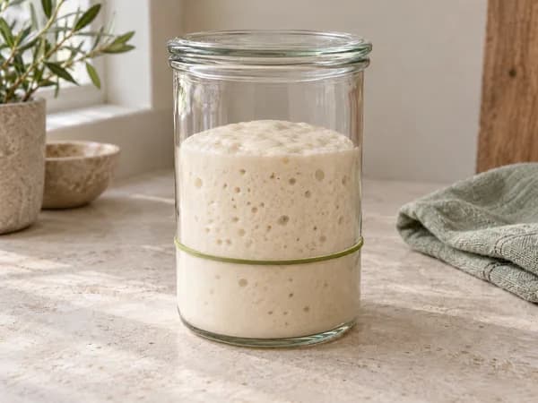 The same starter risen well above the green rubber band with visible bubbles