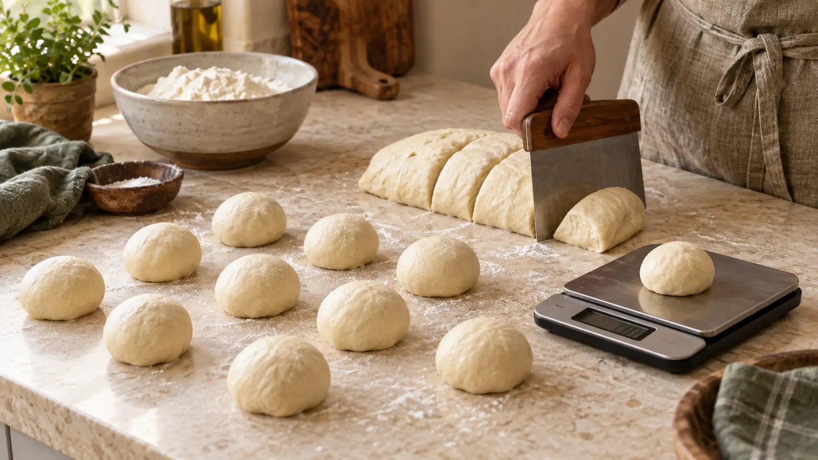 Gelijke porties tortilladeeg worden verdeeld en op een keukenweegschaal gewogen