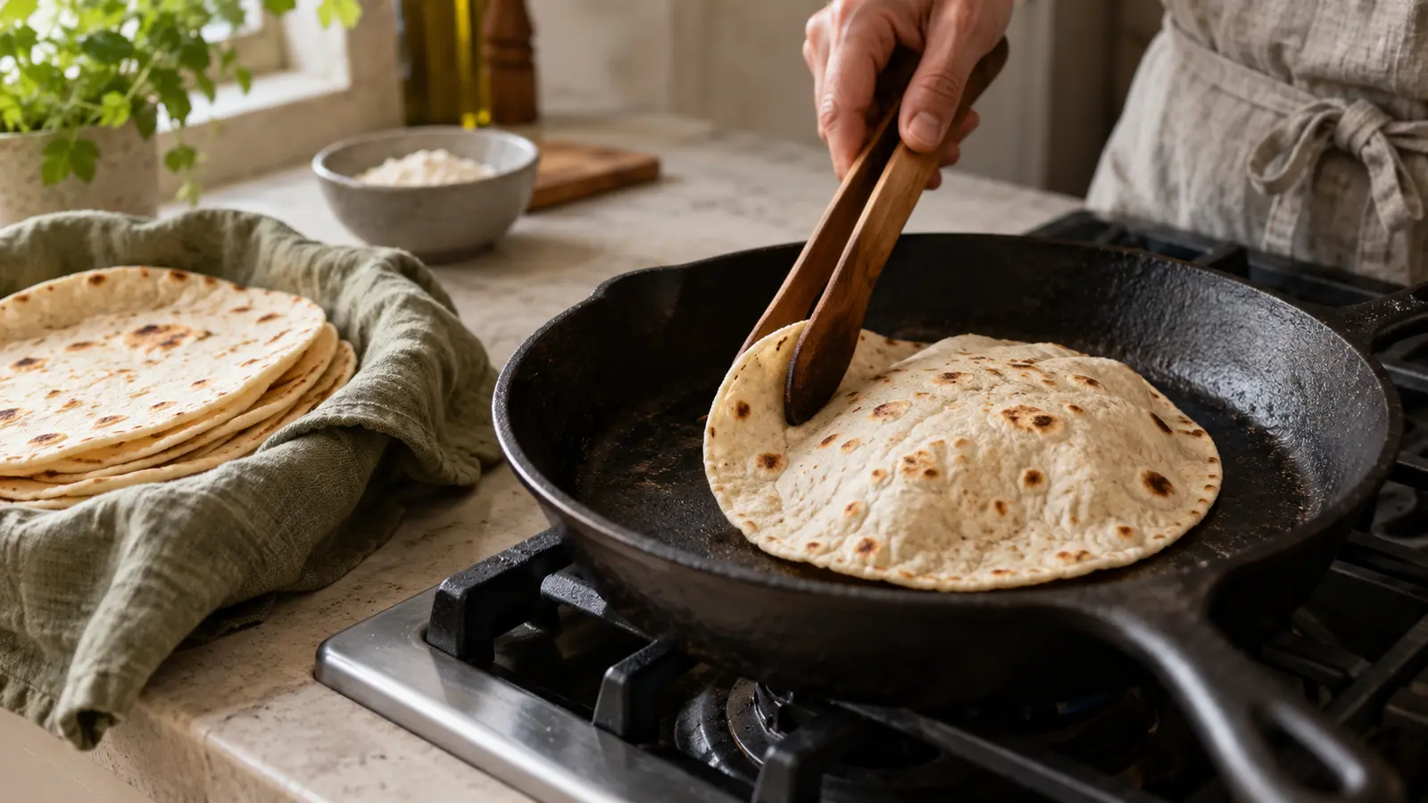 Een bloemtortilla bolt op in een hete gietijzeren pan naast een warme stapel