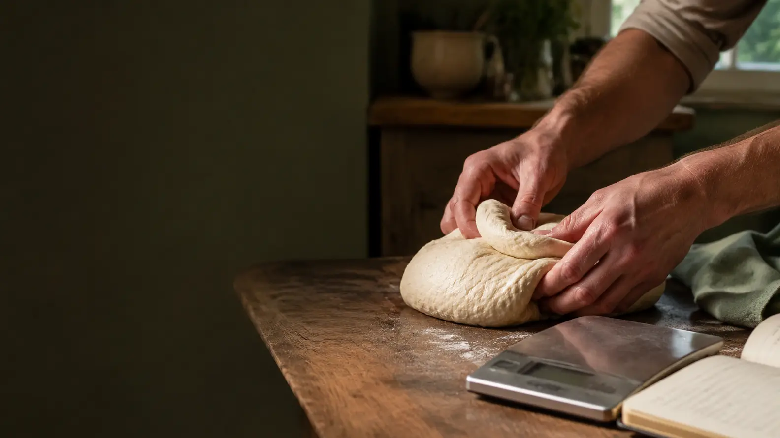 Hände falten Brotteig neben einer Küchenwaage und einem offenen Rezeptbuch.