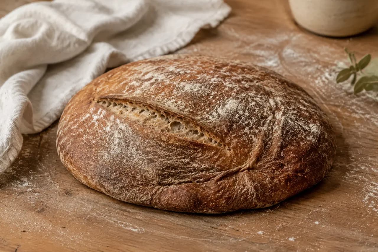 Low, wide sourdough loaf on a flour-dusted wooden worktop.