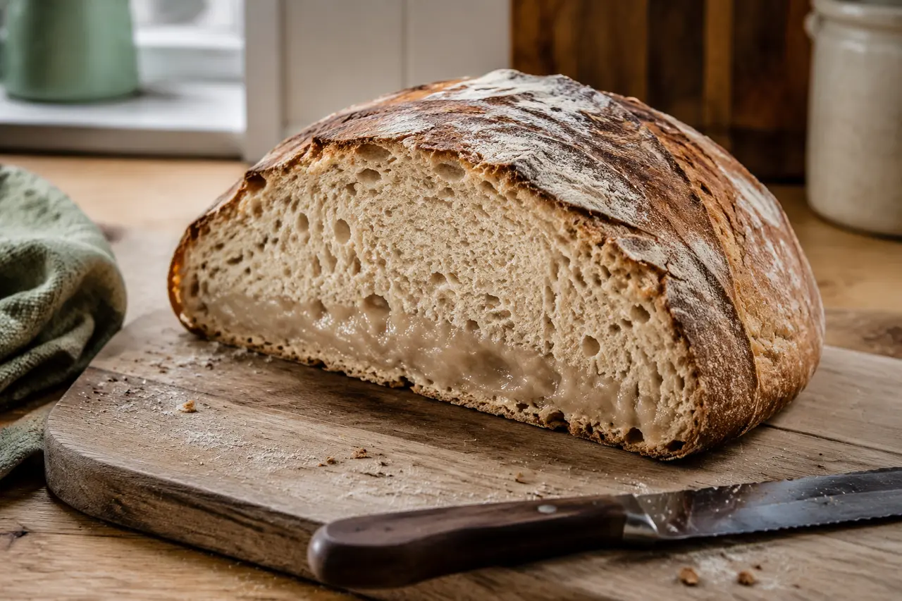 Cut loaf with a damp, glossy and compressed crumb along the bottom.