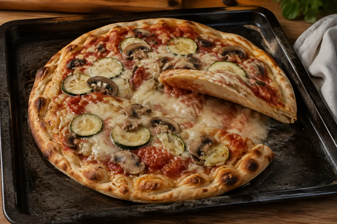 Pizza with a baked rim but a pale, floppy and visibly wet centre.