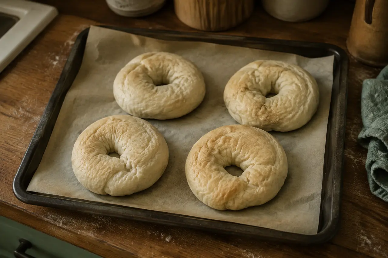 Four pale, wrinkled and slightly deflated bagels on baking paper.