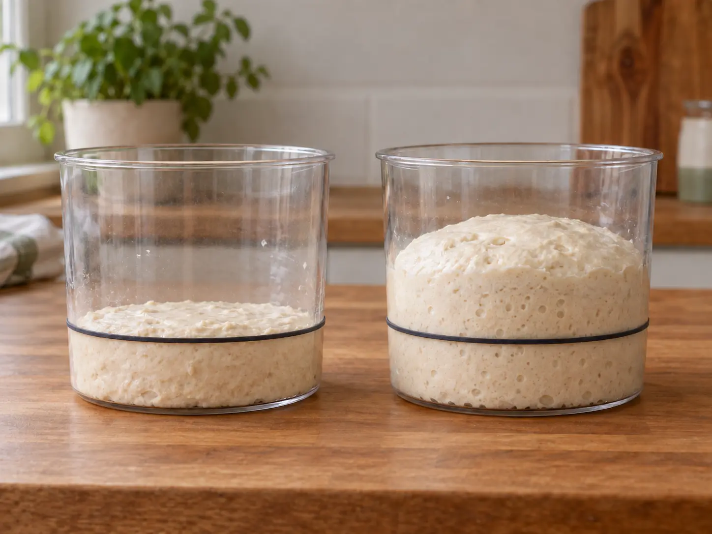 Two identical dough containers: left at the marked starting height, right about two thirds higher and visibly more aerated.