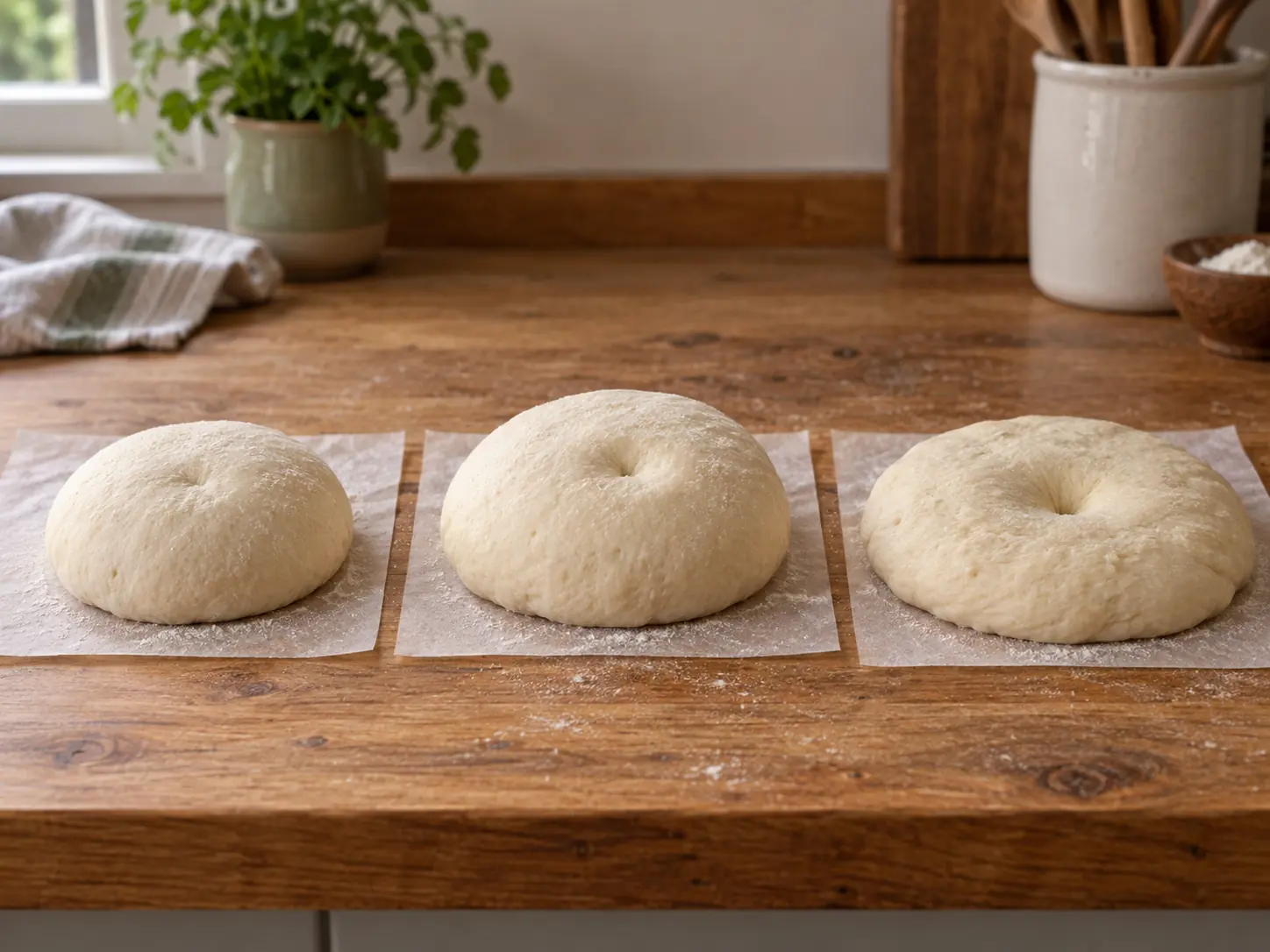 Three equal wheat dough rounds after a gentle poke: the left dent has almost sprung back, a shallow dent remains in the centre dough and a deep dent remains in the slack dough on the right.