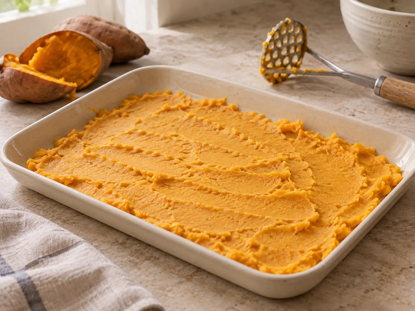 Glattes Süßkartoffelpüree ist dünn in einer flachen Form ausgestrichen, damit Dampf und überschüssige Feuchtigkeit entweichen.
