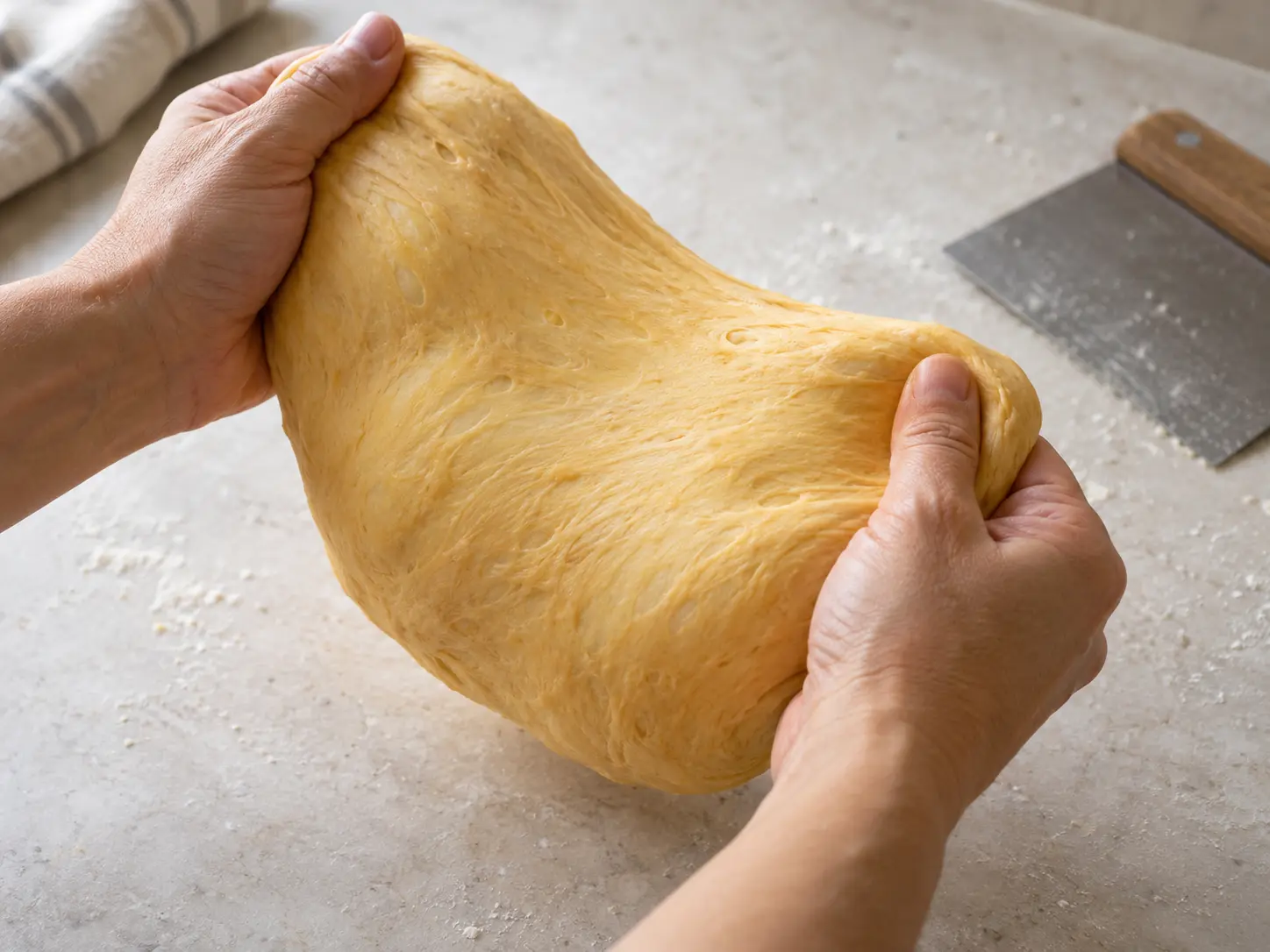 Zwei Hände dehnen den leicht goldfarbenen Süßkartoffelteig, um seine geschmeidige, elastische Struktur zu prüfen.