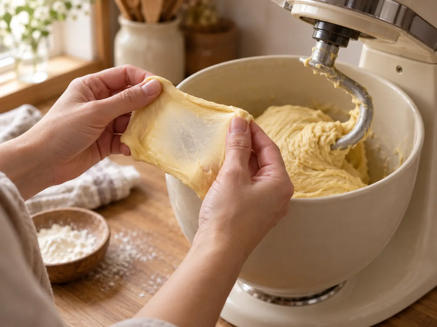 Unas manos estiran masa de brioche sobre el bol hasta formar una membrana fina y translúcida.