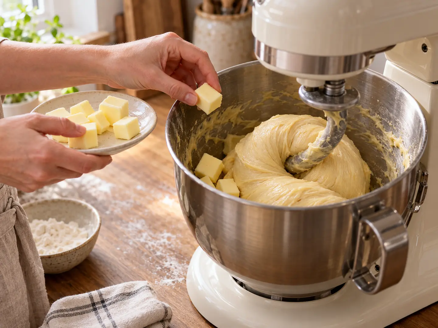 Se añaden cubos de mantequilla fría uno a uno a la masa elástica de brioche en la amasadora.