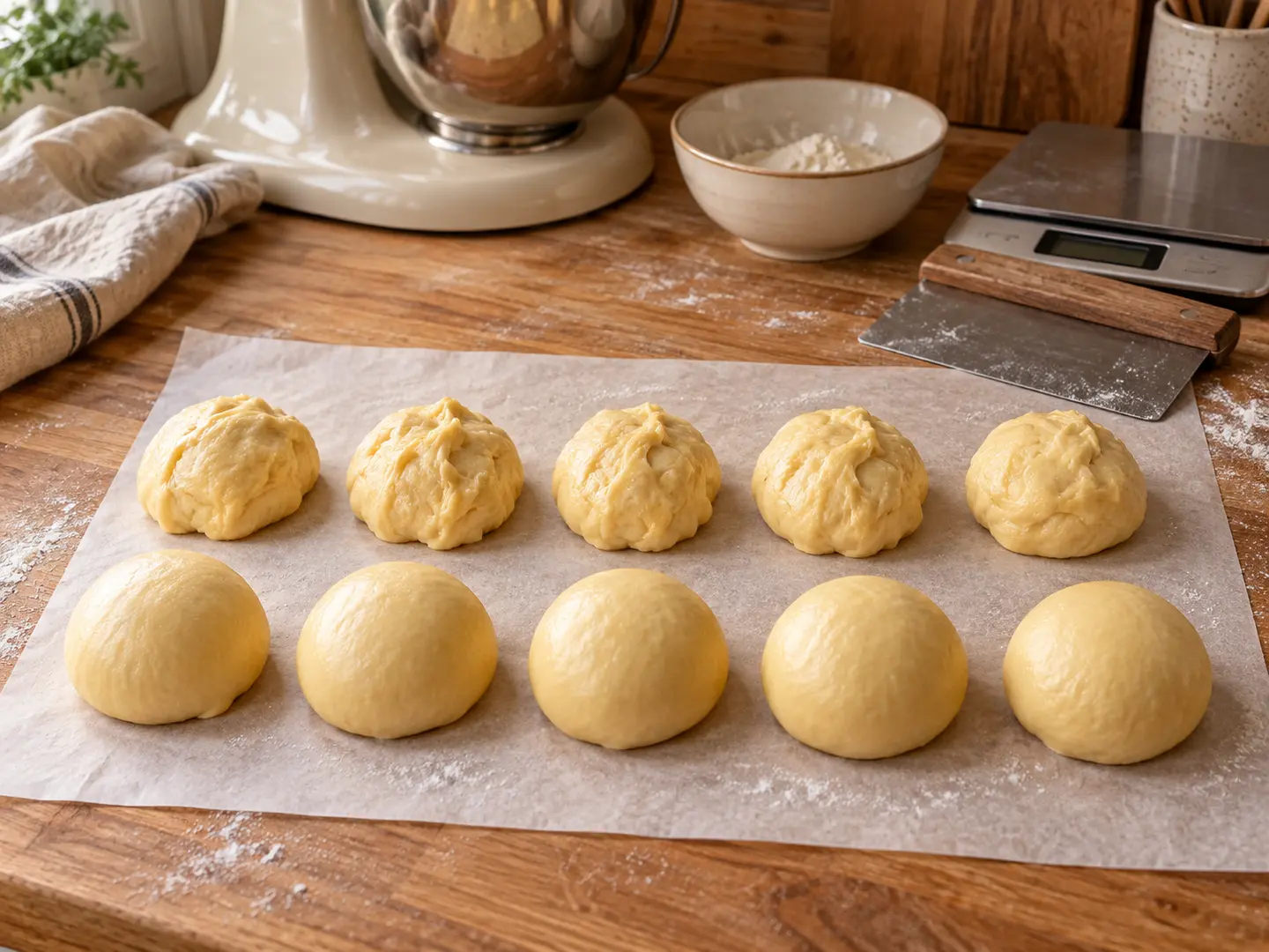 Diez porciones iguales de masa de brioche están en dos filas, varias ya boleadas lisas y tensas.