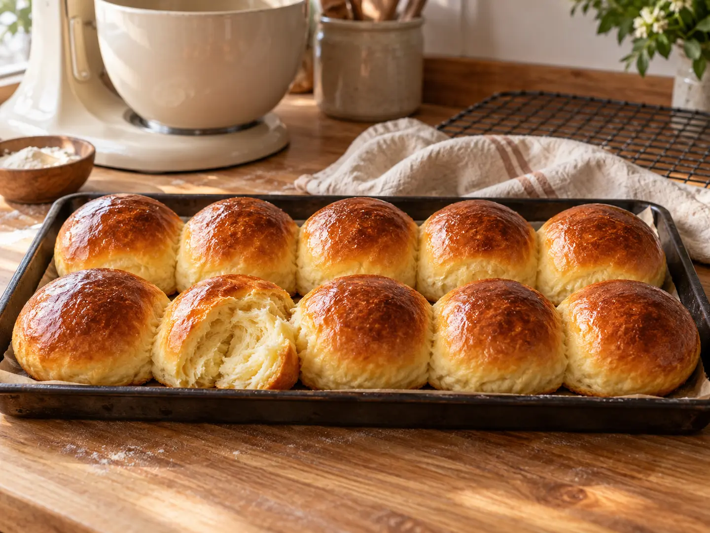 Diez bollos de brioche dorados y brillantes en una bandeja, uno abierto para mostrar la miga tierna.