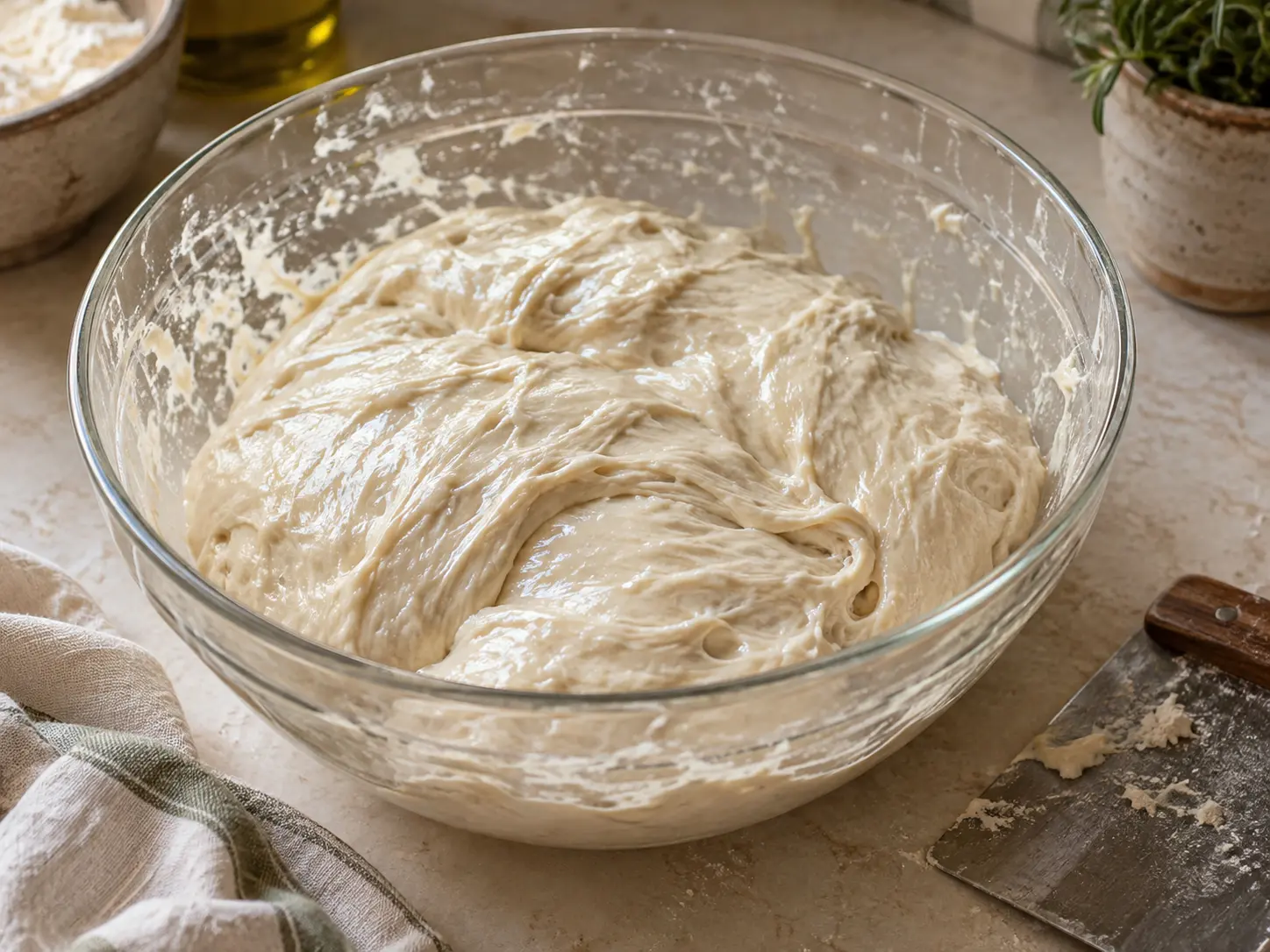 Glossy, very wet ciabatta dough rests in a glass bowl beside a bench scraper.