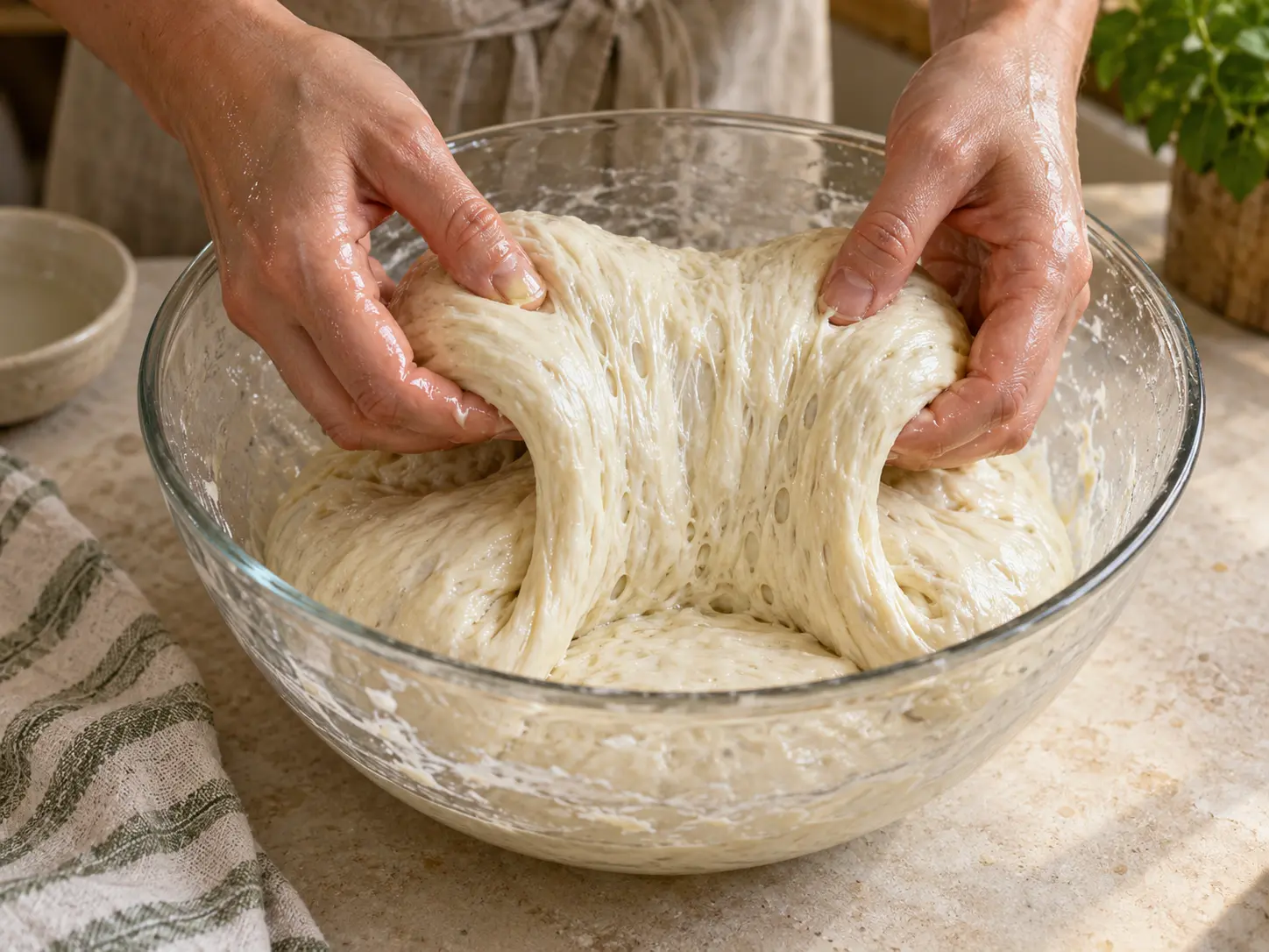 Wet hands lift elastic ciabatta dough in a glass bowl for a gentle coil fold.