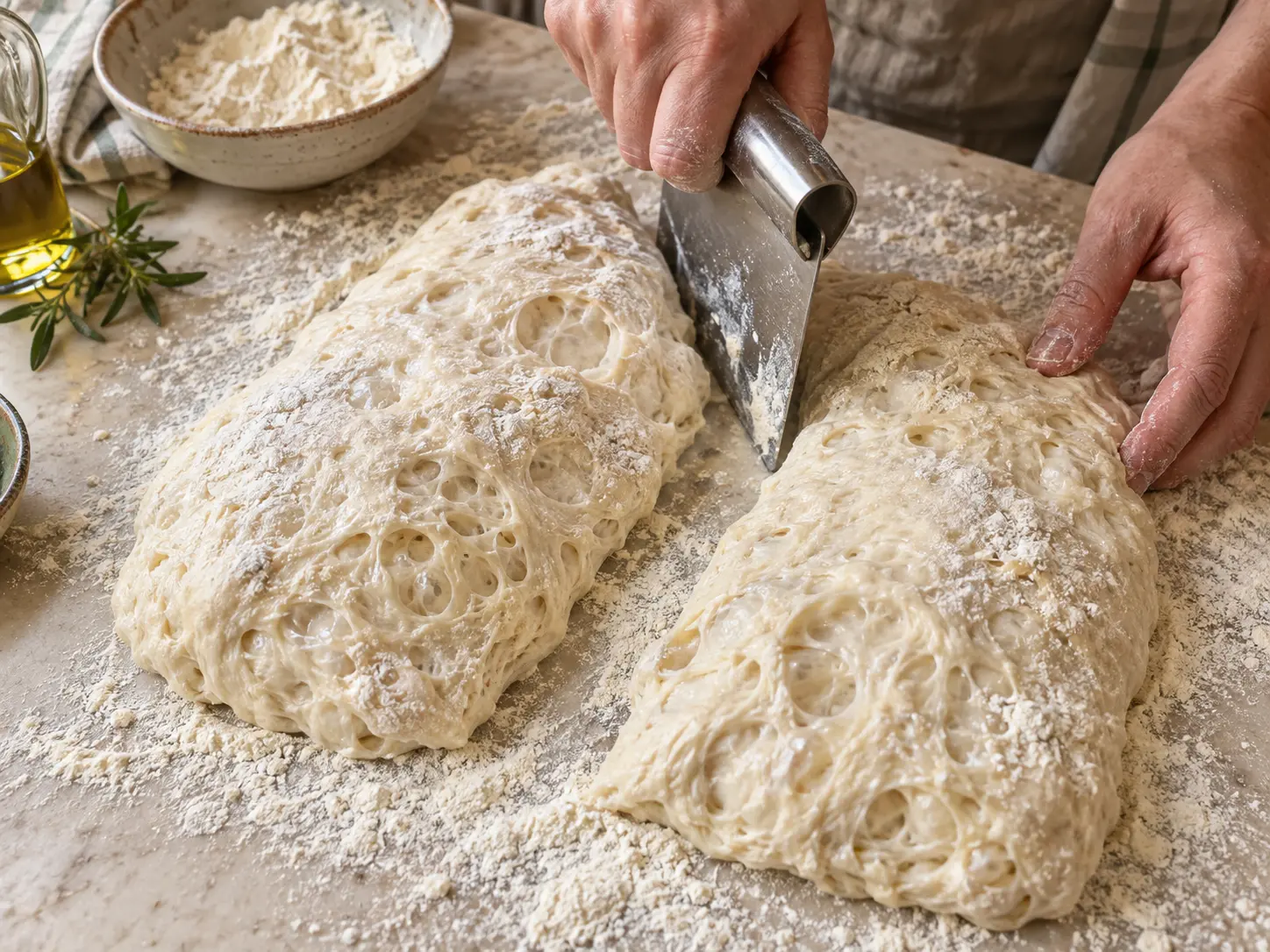 Airy ciabatta dough with visible bubbles is gently divided into two oblong pieces on a well-floured worktop.