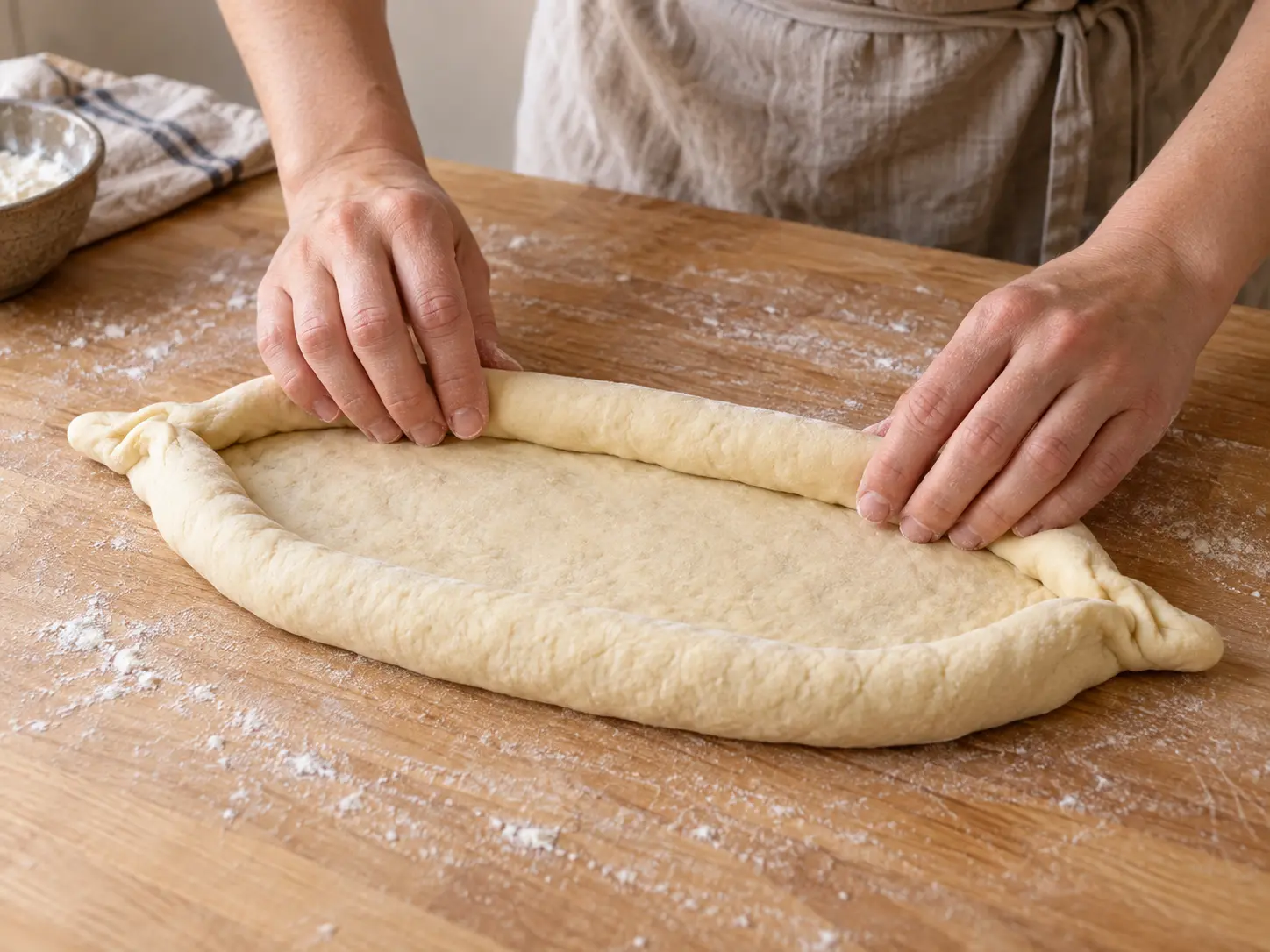 Hands roll the long edges of an oval of dough inward and pinch the ends into sealed points.