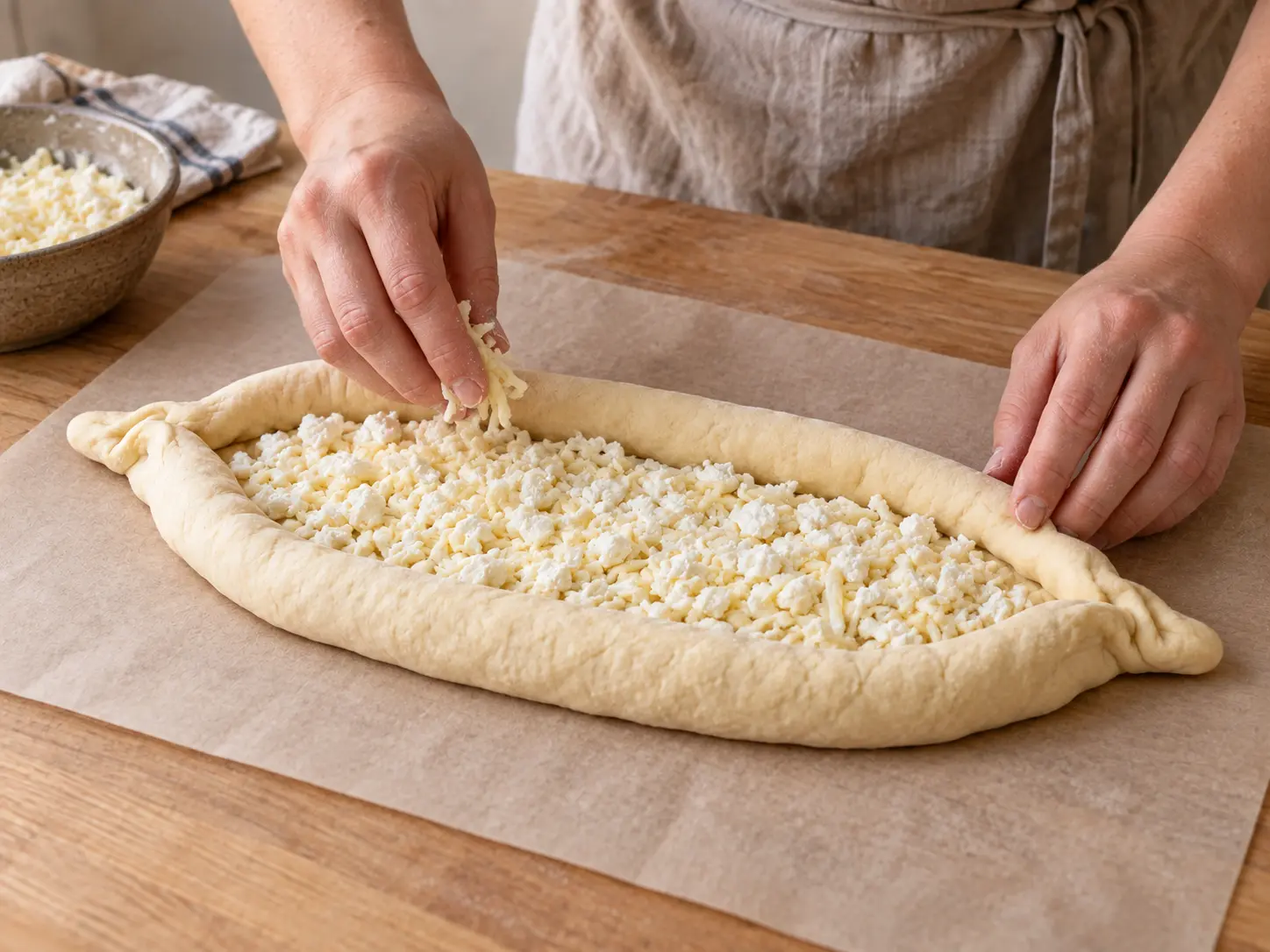 An unbaked dough boat on parchment is filled with grated mozzarella and crumbled feta below the dough rim.