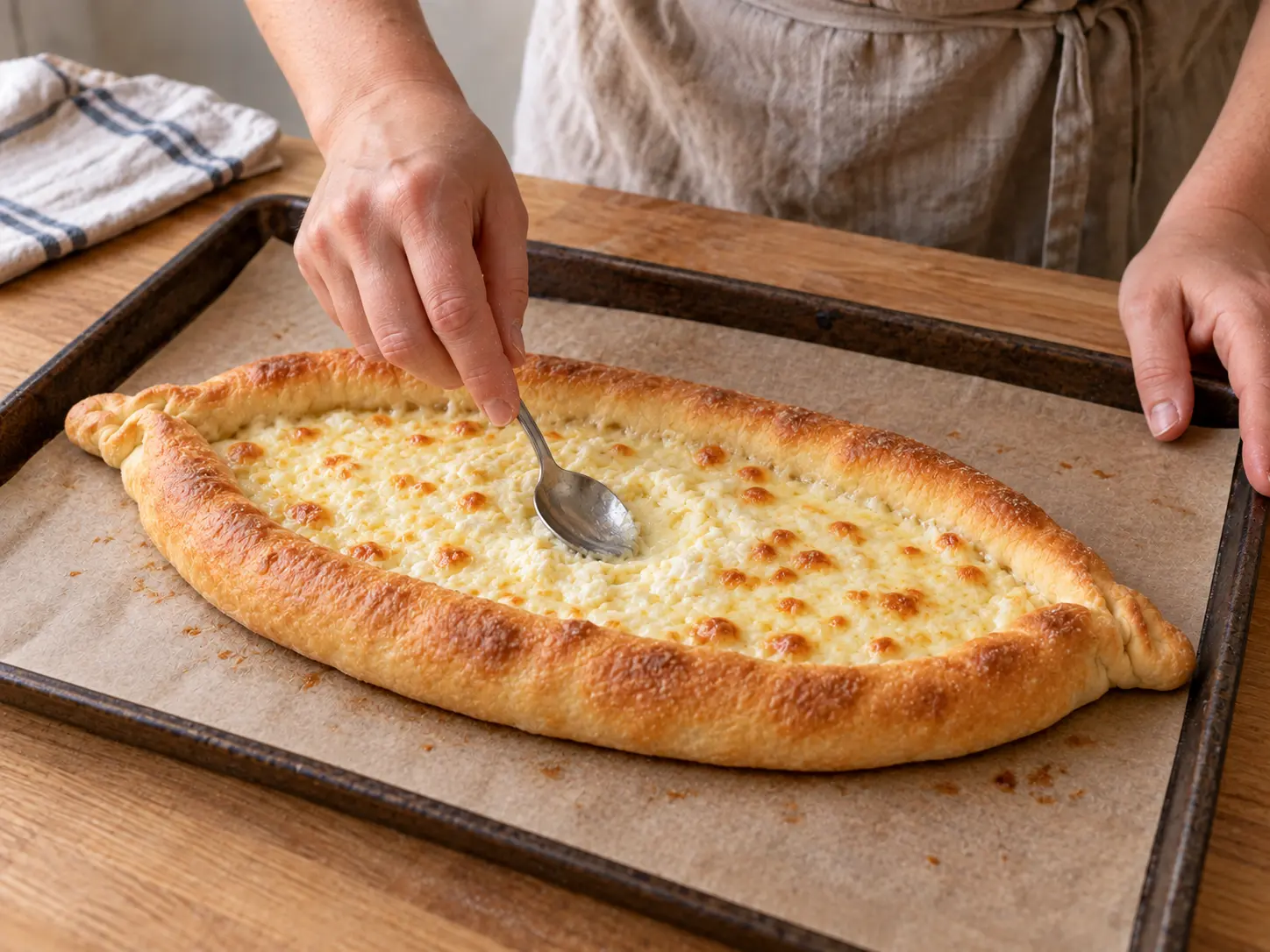 A golden khachapuri boat with bubbling cheese sits on a tray while a spoon makes a hollow in the centre.
