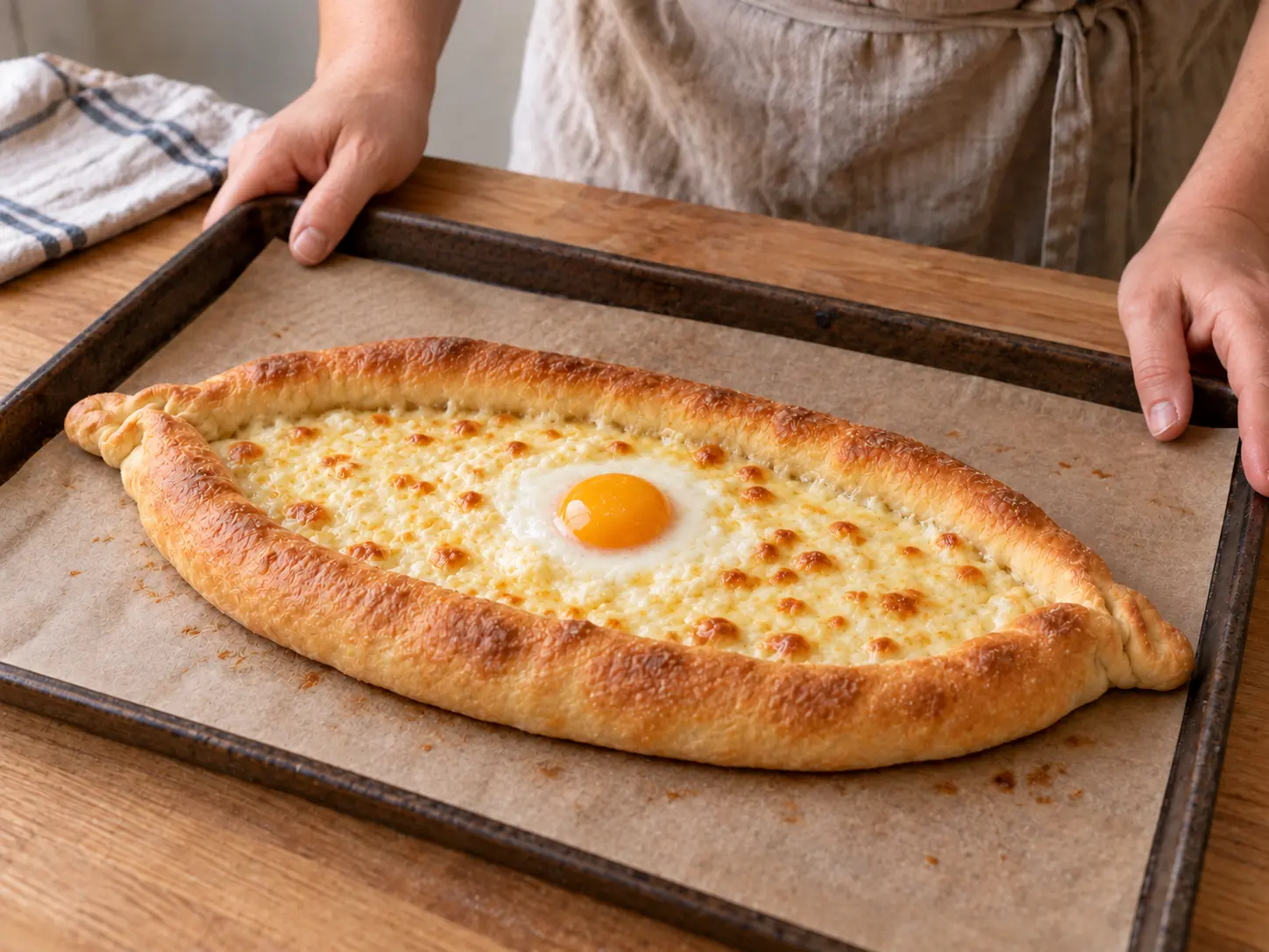 A baked khachapuri boat with melted cheese and one egg whose white is fully set while the yolk remains soft.