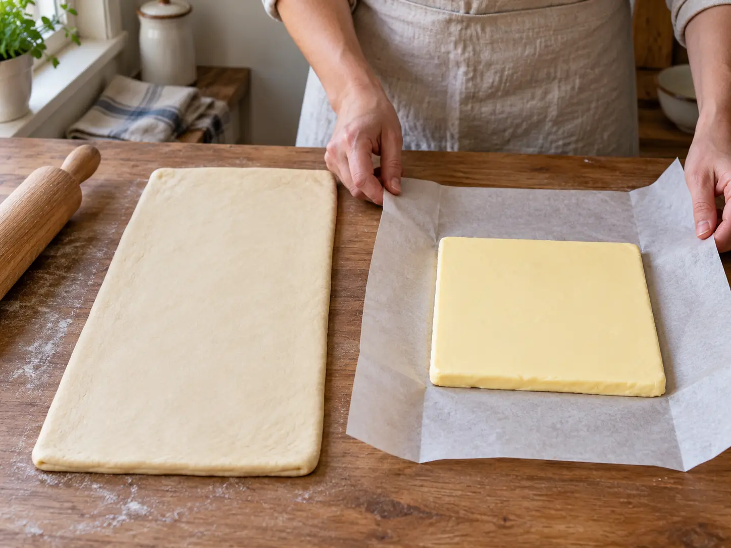 Een rechthoek koud croissantdeeg ligt naast een gelijkmatige rechthoek toerboter op bakpapier.