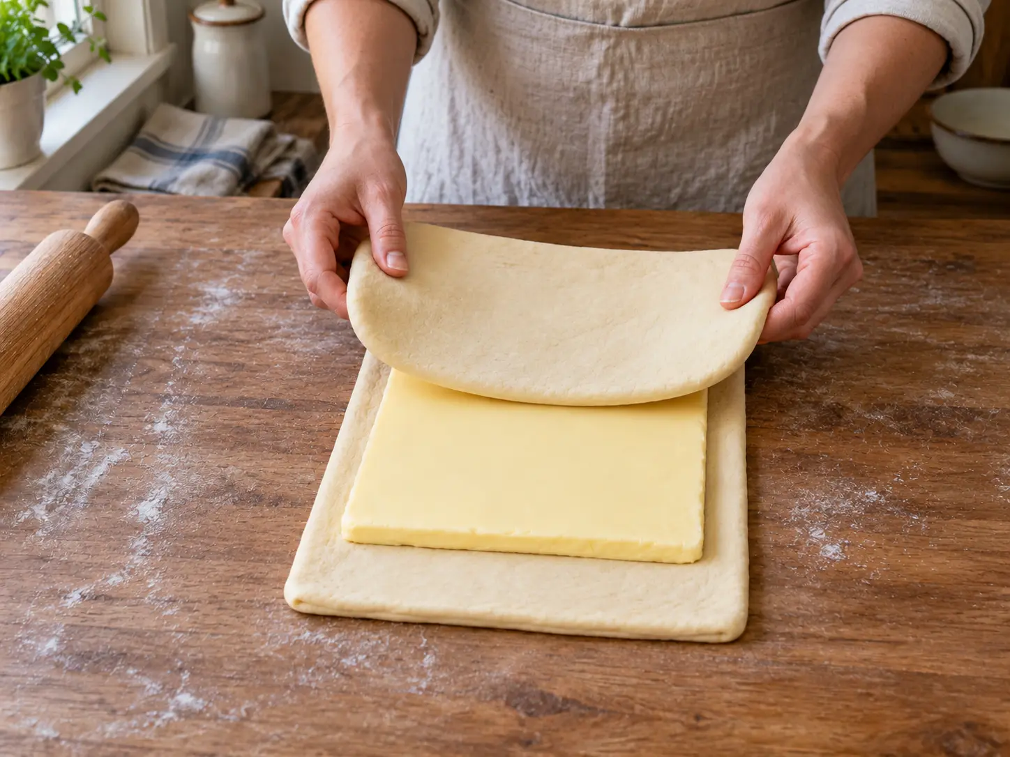 Handen vouwen de bovenste helft croissantdeeg over een gelijkmatige boterplaat met een smalle vrije deegrand.