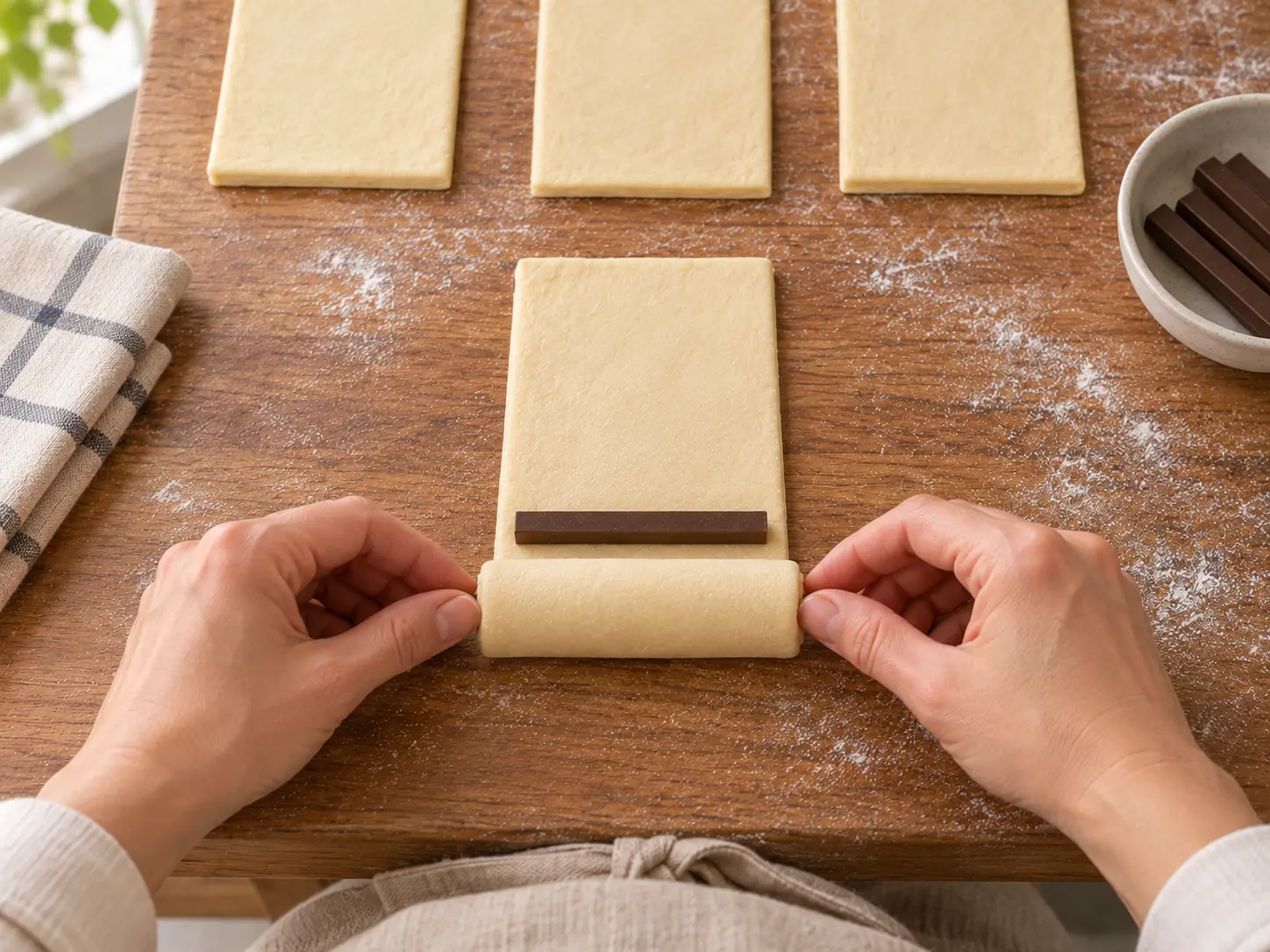Een rechthoek gelamineerd deeg wordt opgerold met twee dunne chocoladestaafjes die parallel aan de korte rand liggen.