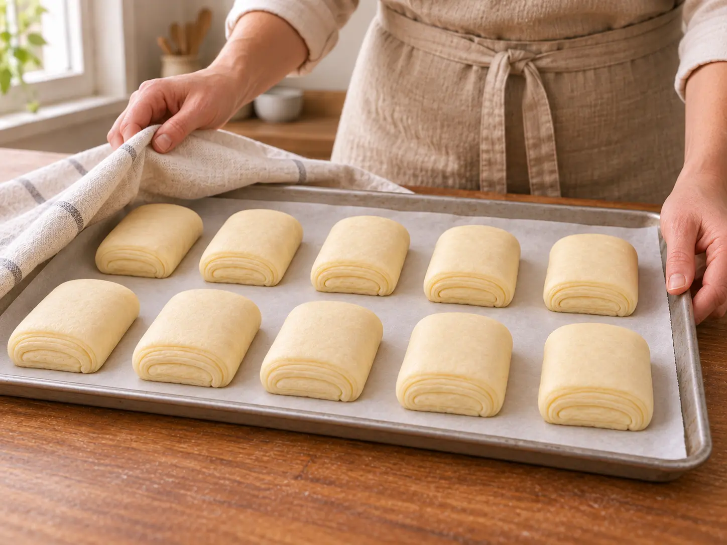 Tien bleke gerezen pains au chocolat staan in twee rijen op een bakplaat, luchtig en met zichtbare laagjes.