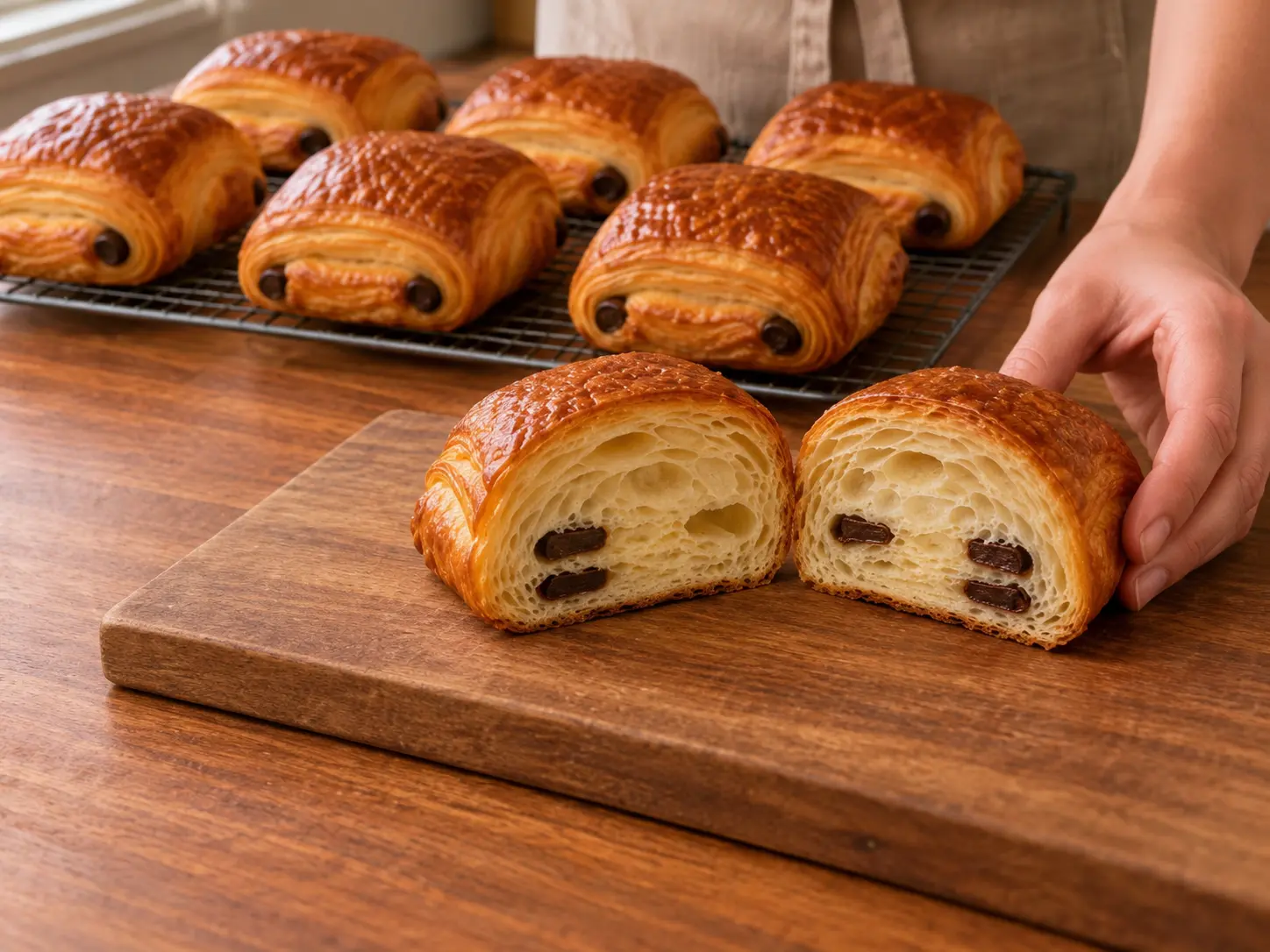 Diep goudbruine pains au chocolat koelen op een rek; één is doorgesneden en toont luchtige laagjes en twee chocoladebanen.