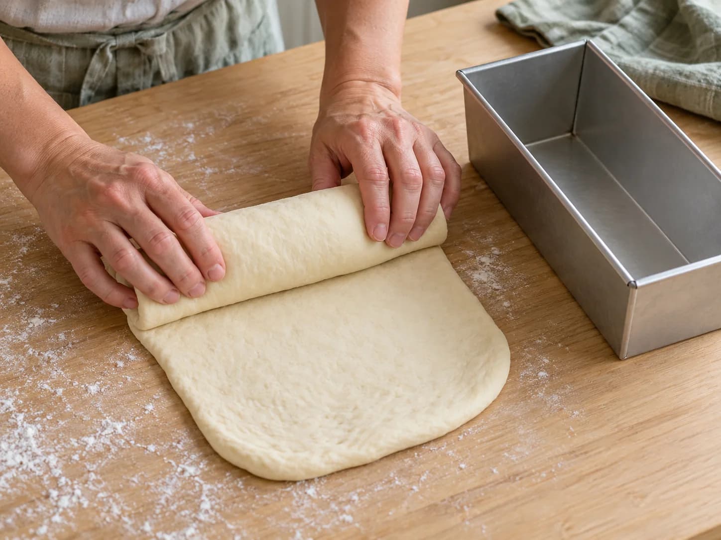 Dos manos enrollan un rectángulo de masa junto a un molde de pan engrasado.